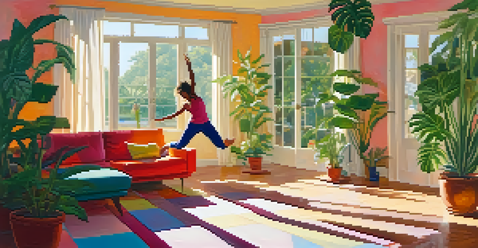 A person dancing joyfully in a bright living room filled with plants and colorful art, embodying freedom and happiness.