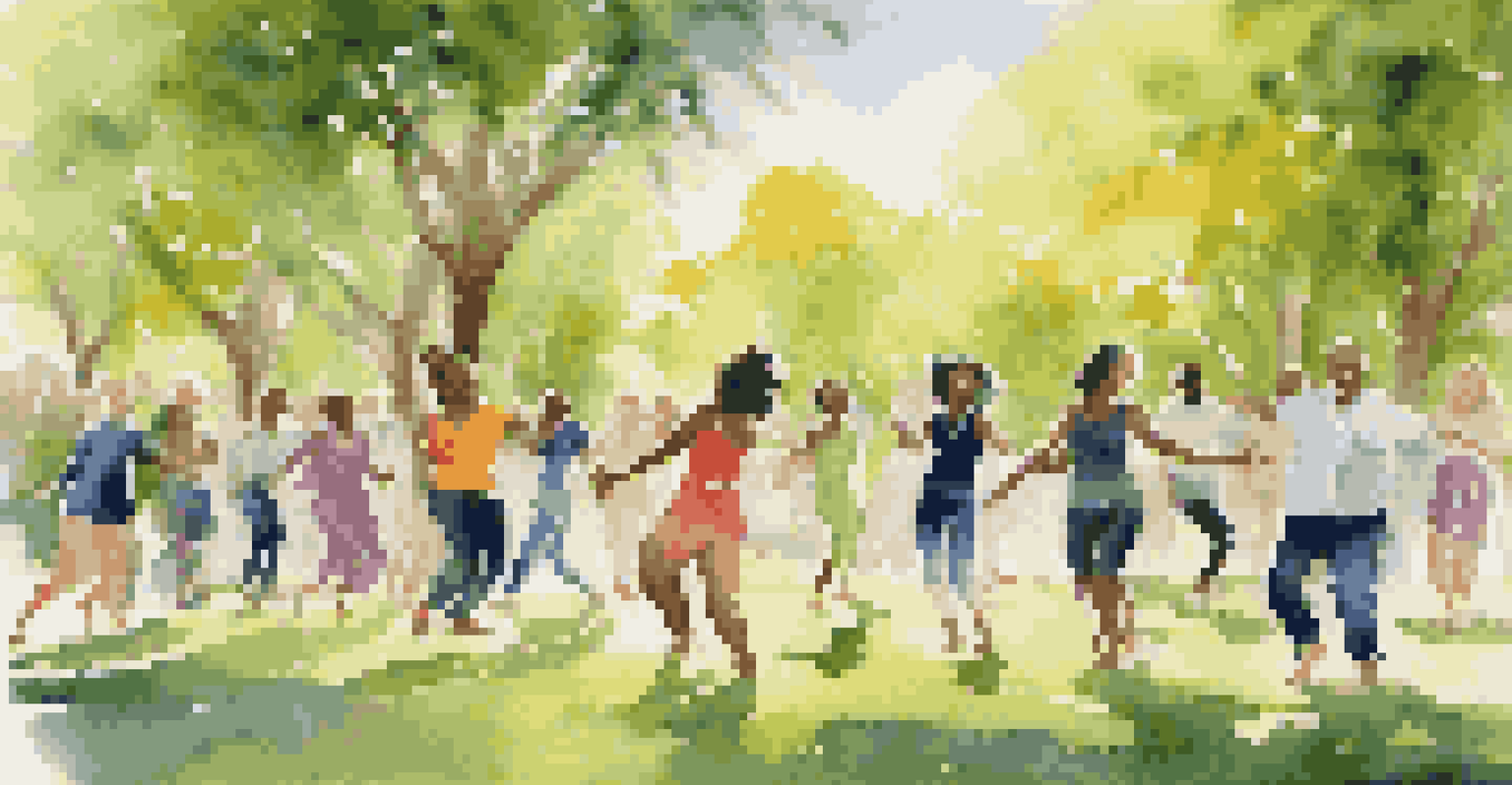 A lively outdoor dance therapy session in a park, featuring participants engaged in playful movements amidst lush greenery and dappled sunlight.