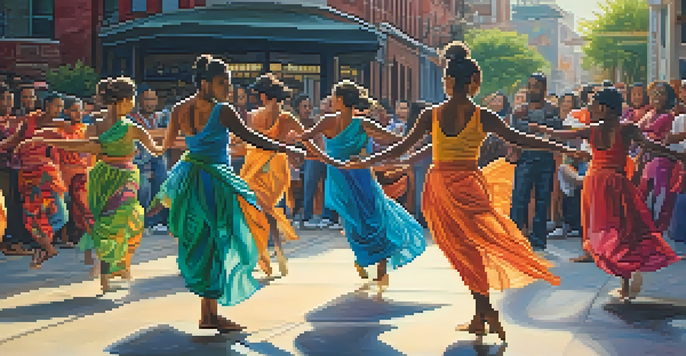 A colorful urban dance scene with diverse dancers performing various styles, illuminated by golden hour sunlight.