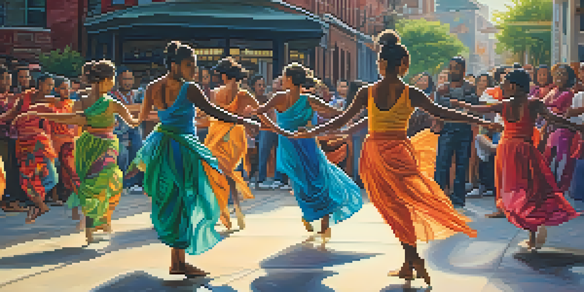 A colorful urban dance scene with diverse dancers performing various styles, illuminated by golden hour sunlight.