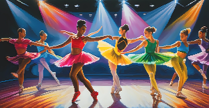 A lively dance competition with diverse dancers performing in unique styles, illuminated by colorful stage lights.