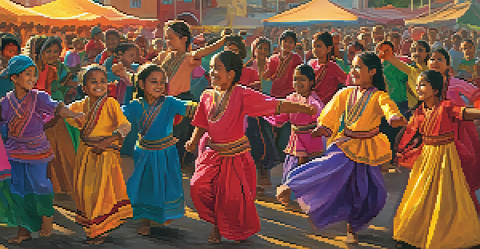 A lively festival scene where children in colorful traditional costumes dance together, celebrating their cultural heritage under a warm sunset.