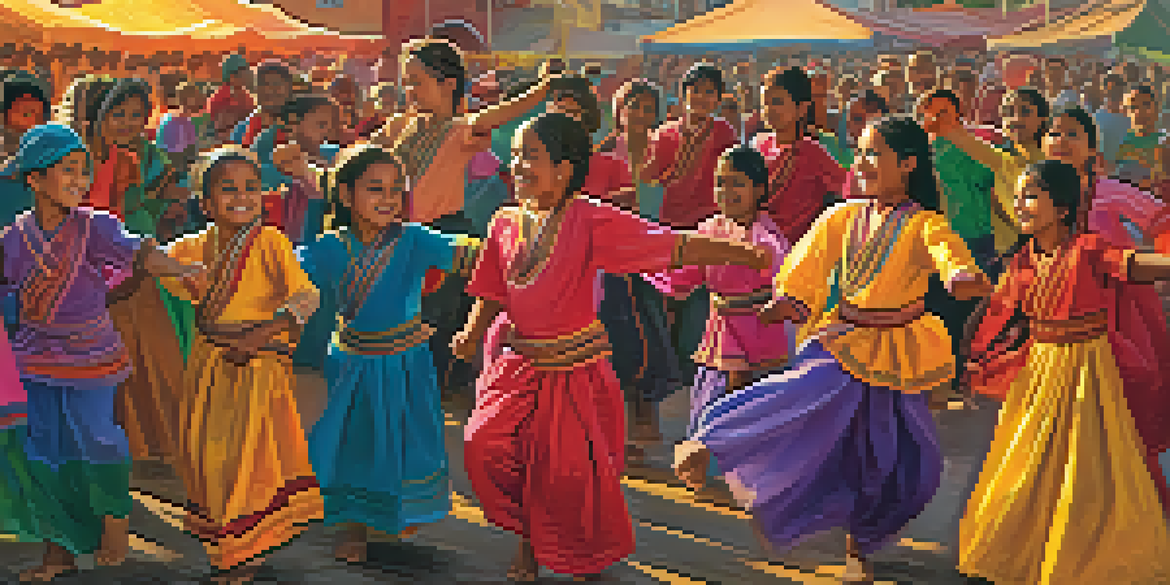 A lively festival scene where children in colorful traditional costumes dance together, celebrating their cultural heritage under a warm sunset.