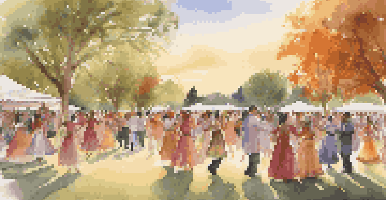 Dancers in traditional attire performing in a park at sunset, surrounded by greenery and a warm, inviting atmosphere.