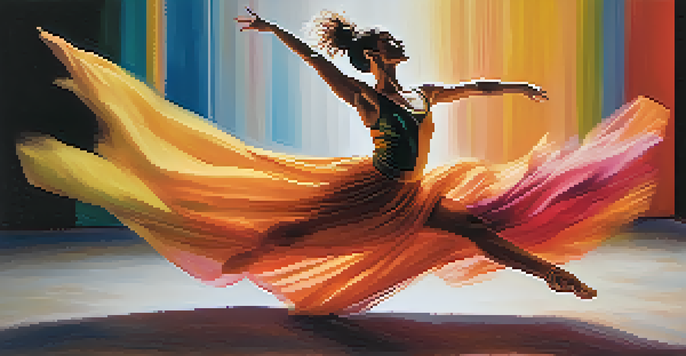 A dancer performing in mid-air, wearing a colorful costume against a minimalist stage with soft lighting, emphasizing movement and energy.