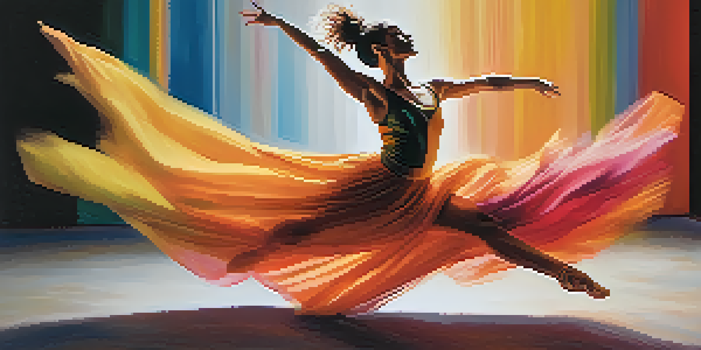 A dancer performing in mid-air, wearing a colorful costume against a minimalist stage with soft lighting, emphasizing movement and energy.