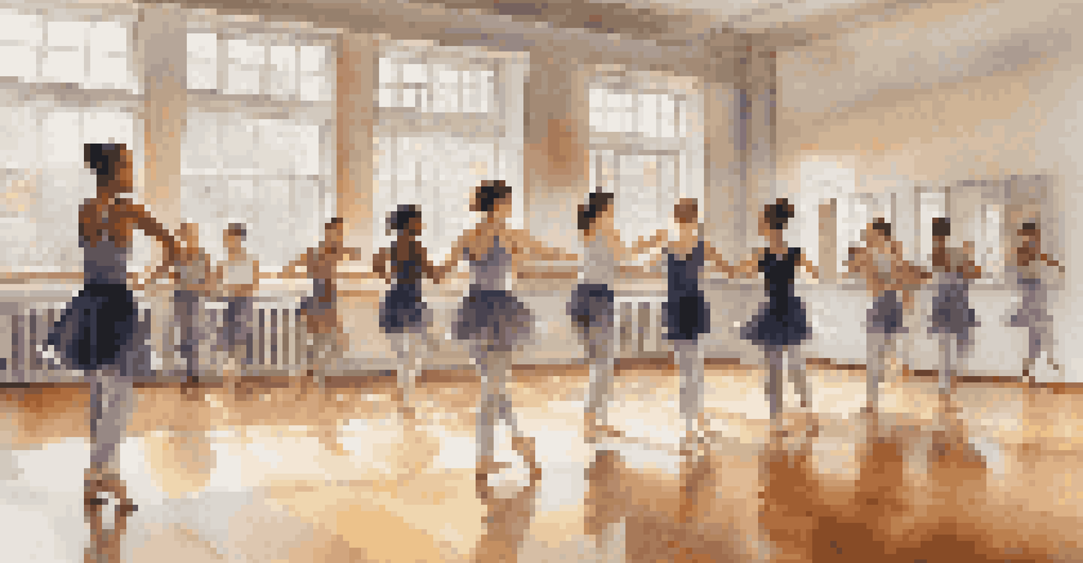 A dance class with diverse students practicing in a bright studio, capturing their focus and joy with mirrors reflecting their movements.