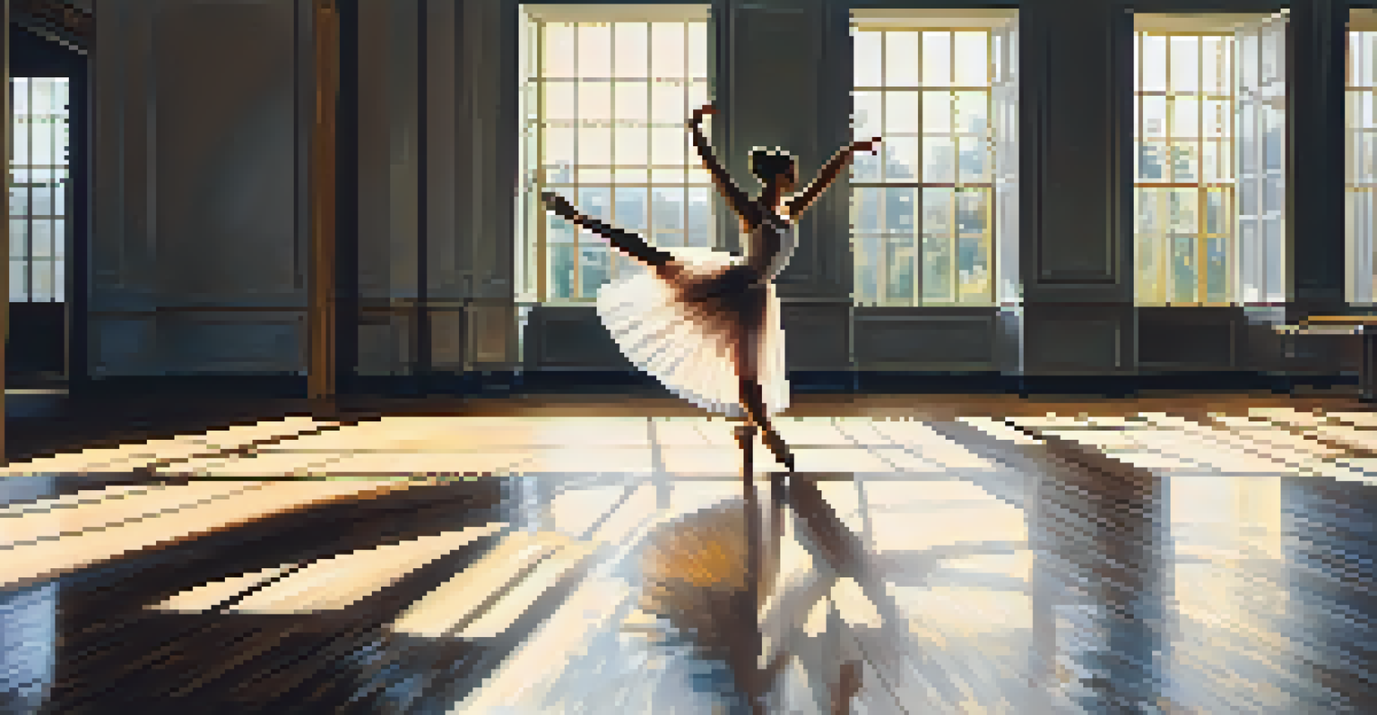 A ballet dancer practicing in a sunlit studio, surrounded by mirrors, captured in a graceful pose with sunlight streaming through the windows.