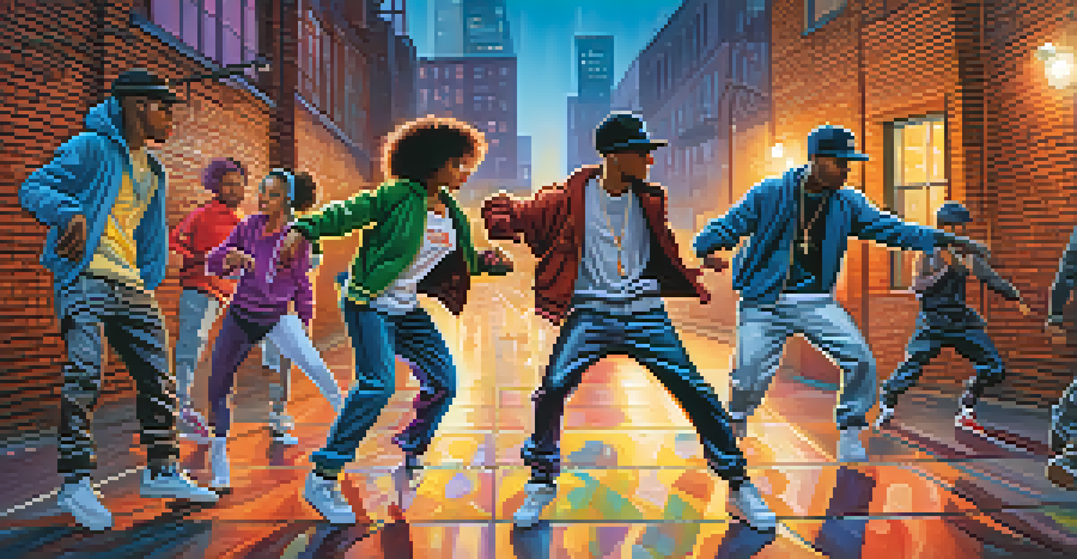 A diverse group of dancers performing hip-hop moves in front of colorful graffiti art on a city street at night.