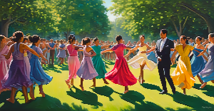 A diverse group of dancers performing in a sunny park, surrounded by trees and an engaged audience.