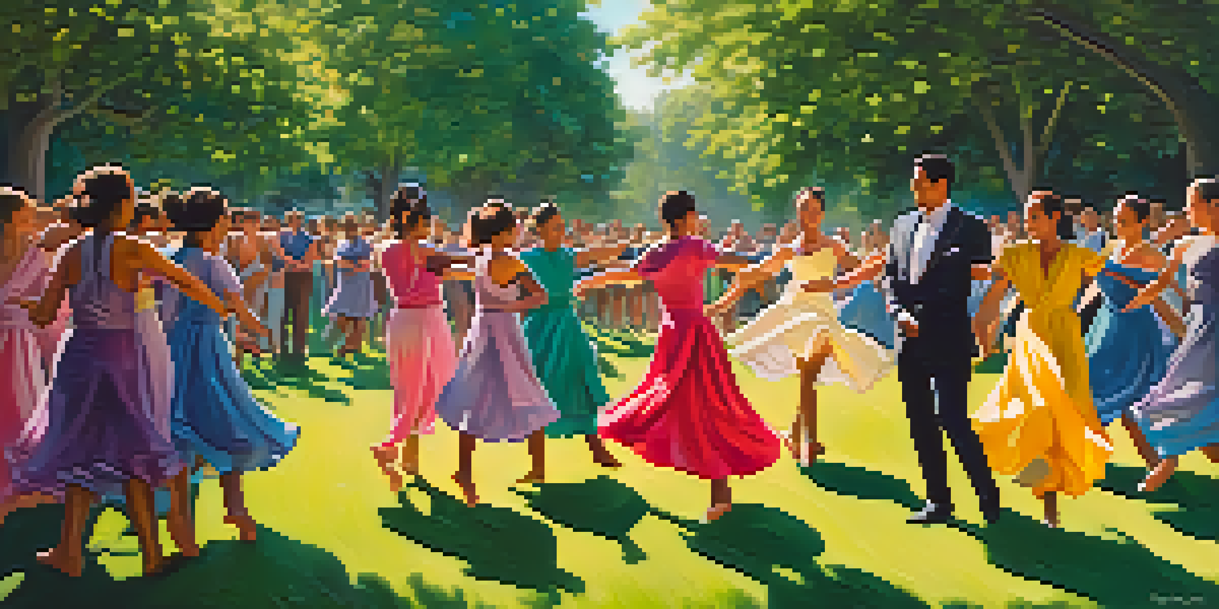 A diverse group of dancers performing in a sunny park, surrounded by trees and an engaged audience.