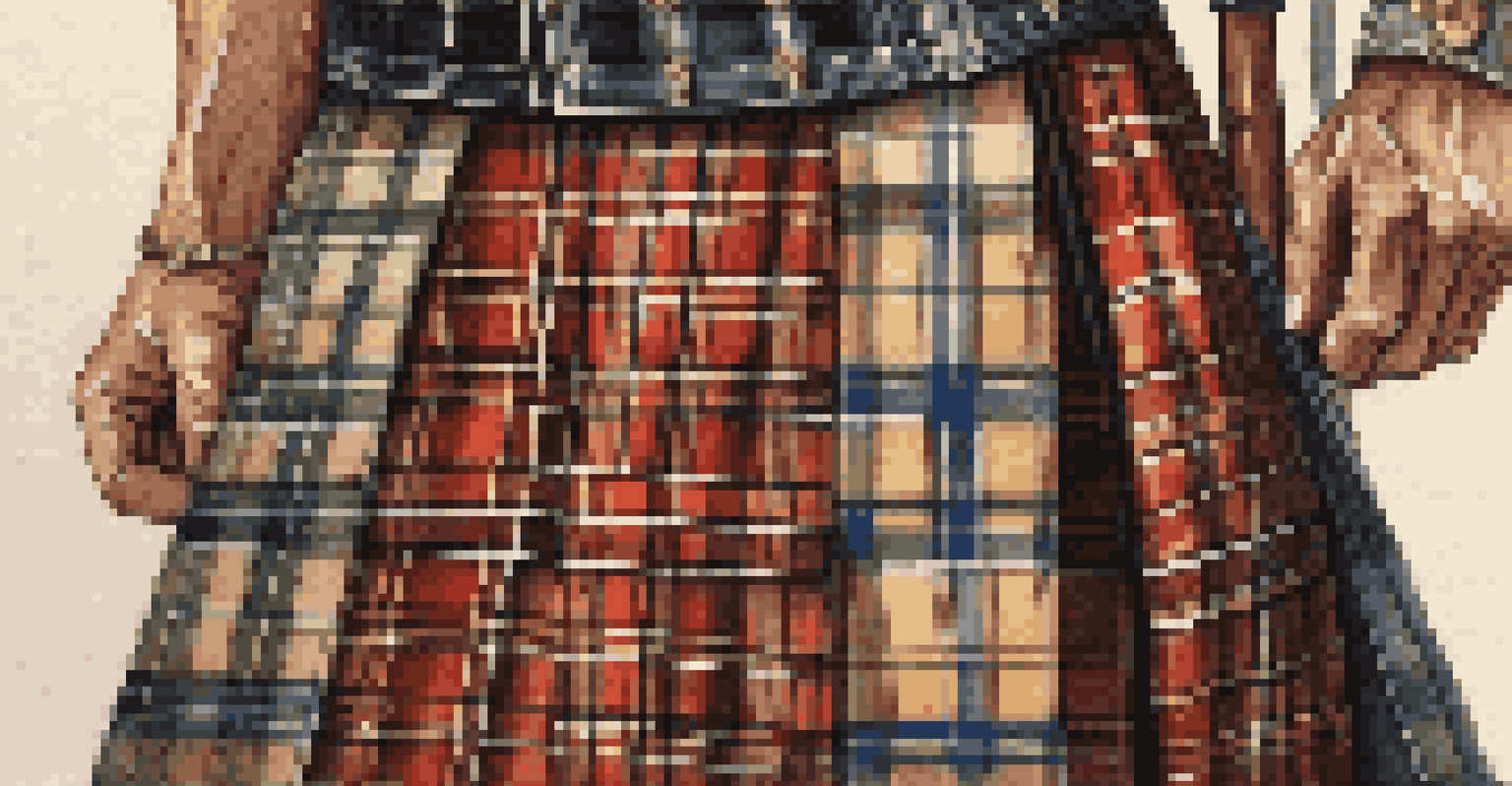 A detailed view of a Scottish kilt showcasing intricate tartan patterns and historical symbols, illuminated by natural light on a wooden surface.