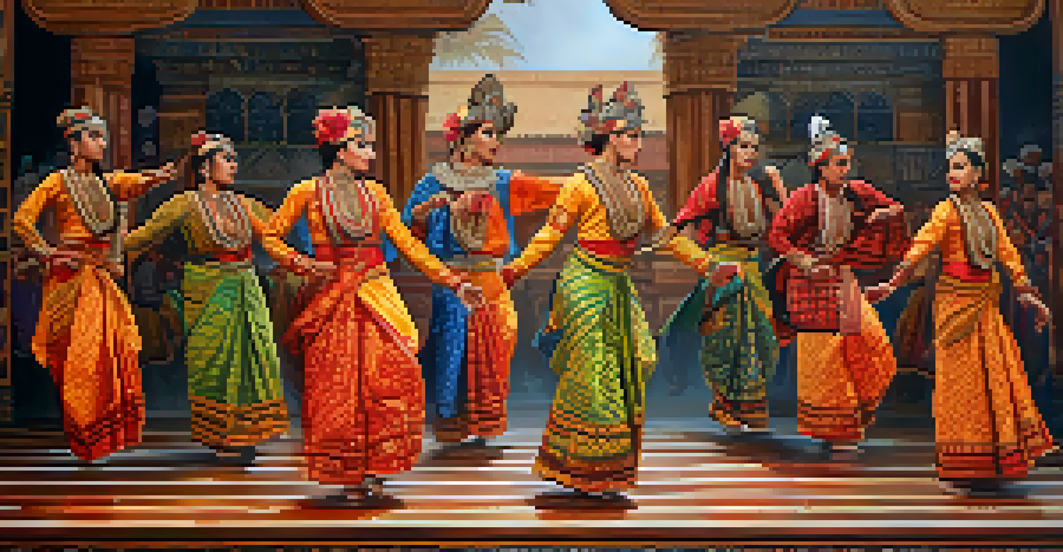 Dancers in traditional attire performing a cultural dance, surrounded by intricate patterns and textures representing their heritage.