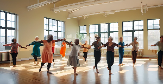 A group of individuals of various ages participating in a dance therapy session in a bright studio, expressing emotions through movement.