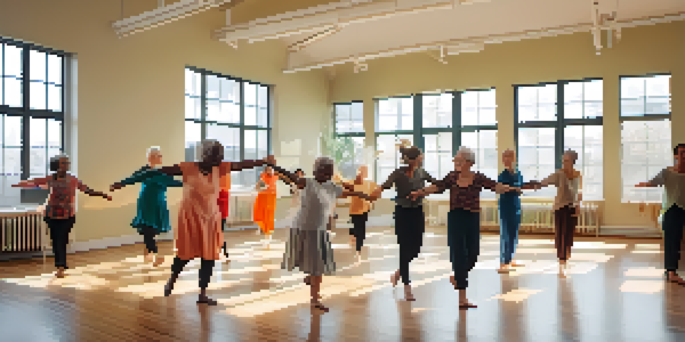A group of individuals of various ages participating in a dance therapy session in a bright studio, expressing emotions through movement.