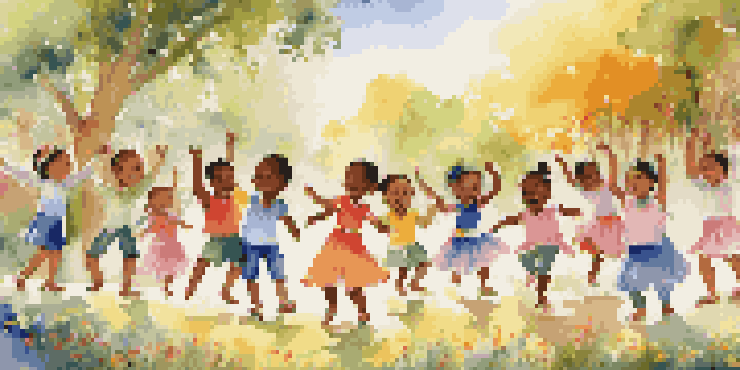 A group of diverse children dancing joyfully in a sunny park, surrounded by colorful flowers and trees.