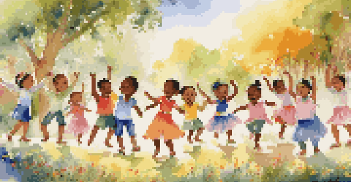 A group of diverse children dancing joyfully in a sunny park, surrounded by colorful flowers and trees.