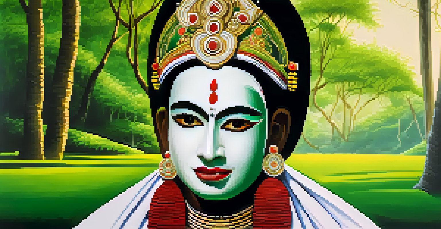 A Kathakali performer in vibrant makeup and costume, set against a green landscape.
