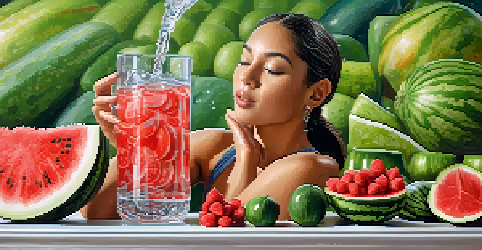 A dancer drinking water with water droplets and fresh fruits in the background, emphasizing hydration.