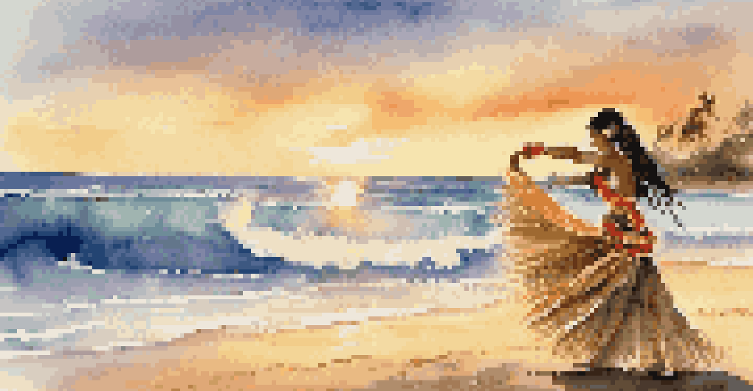 A traditional hula dancer performing on a beach at sunset, wearing floral leis and a grass skirt, with the ocean in the background.