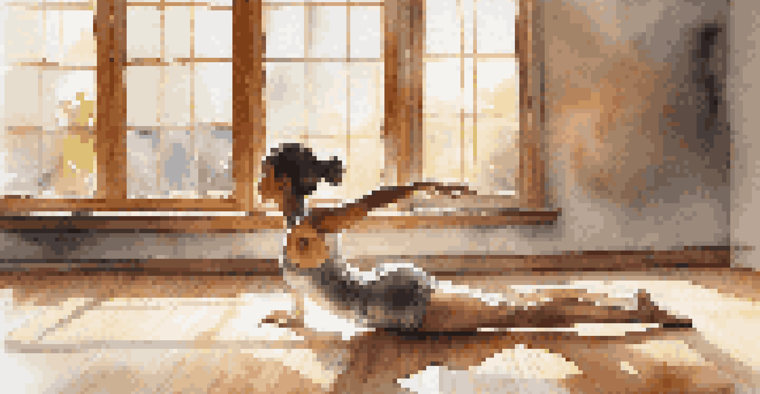 A dancer performing a stretch on a sunlit wooden floor with a water bottle and a notebook nearby, representing hydration and mindful eating.