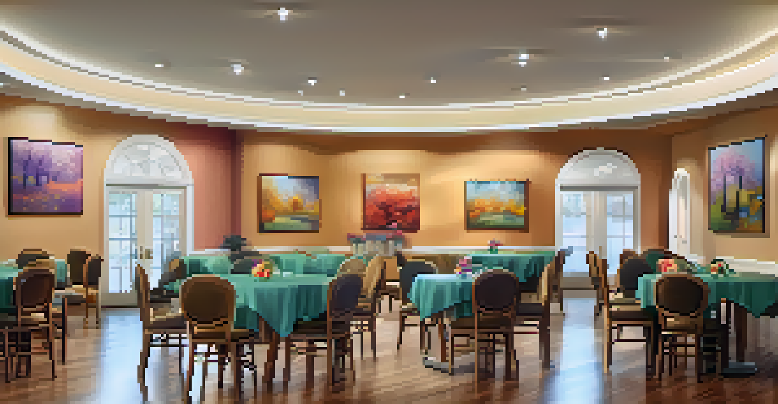 A cozy dance-friendly environment for seniors with chairs and uplifting decorations, designed for social interaction.
