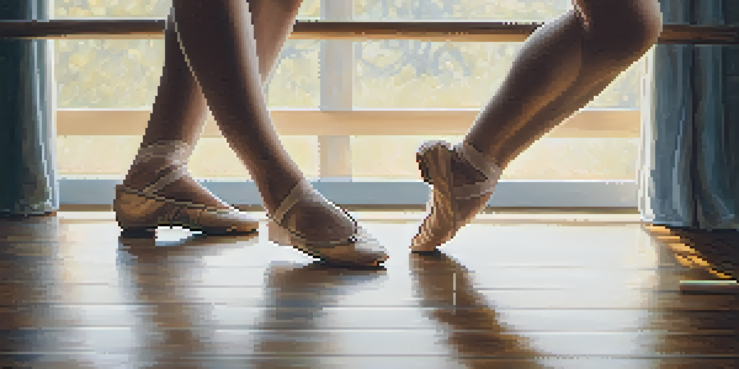 Close-up of a dancer's feet in ballet shoes, showcasing their graceful movements on a wooden floor.