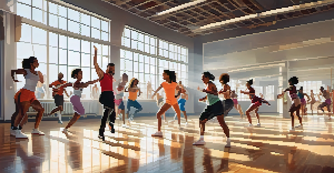 A group of athletes practicing dance in a bright gym, showcasing a blend of sports and dance attire with sunlight streaming in.