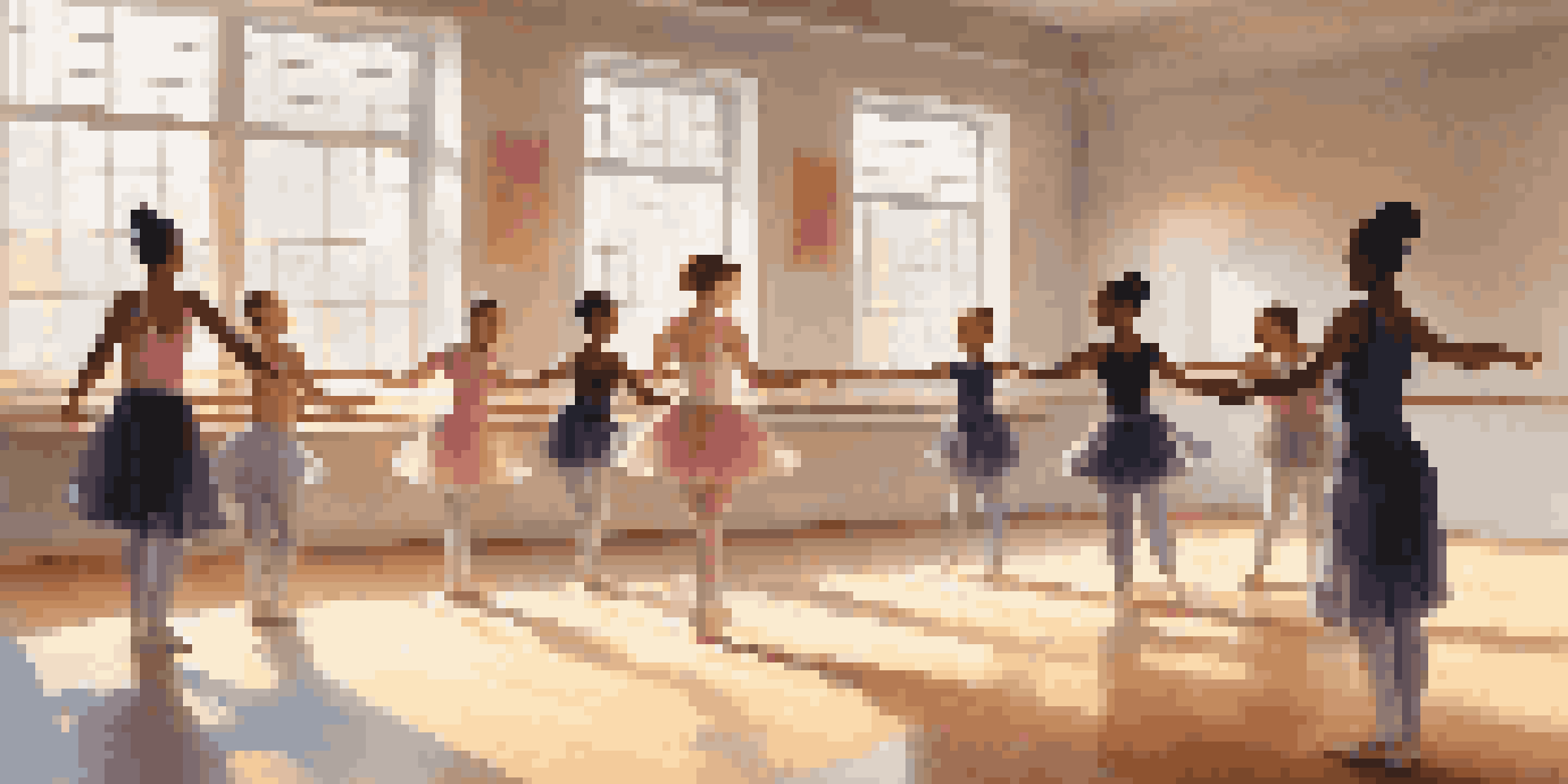 A dance teacher demonstrating a ballet pose in a bright dance studio surrounded by diverse students practicing.