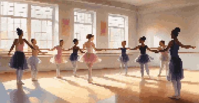 A dance teacher demonstrating a ballet pose in a bright dance studio surrounded by diverse students practicing.