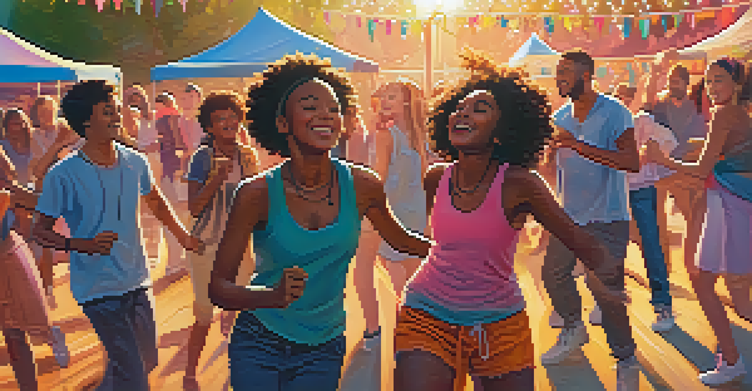 A lively outdoor festival scene with young people dancing joyfully in a circle, surrounded by colorful decorations and a warm sunset in the background.