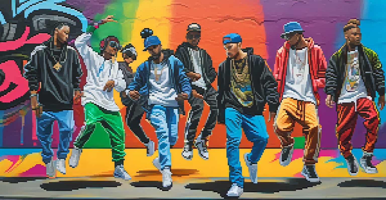 A group of hip-hop dancers performing in front of a colorful graffiti wall, showcasing a blend of modern urban and traditional styles in their outfits.