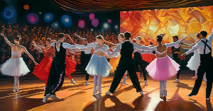 A diverse group of dancers performing on stage, with soft lighting and vibrant costumes, expressing fluid gender identities against an abstract art backdrop.