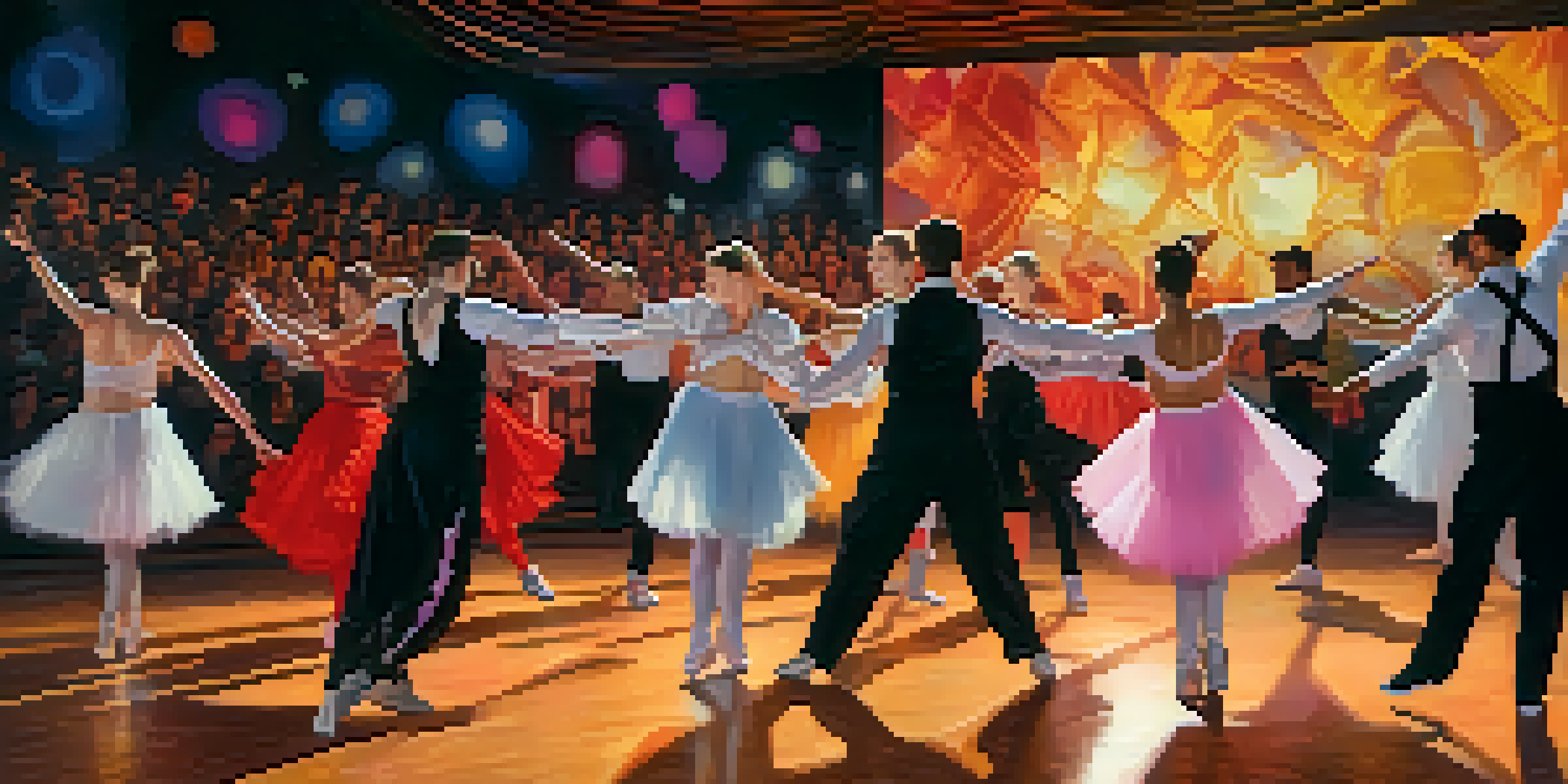 A diverse group of dancers performing on stage, with soft lighting and vibrant costumes, expressing fluid gender identities against an abstract art backdrop.