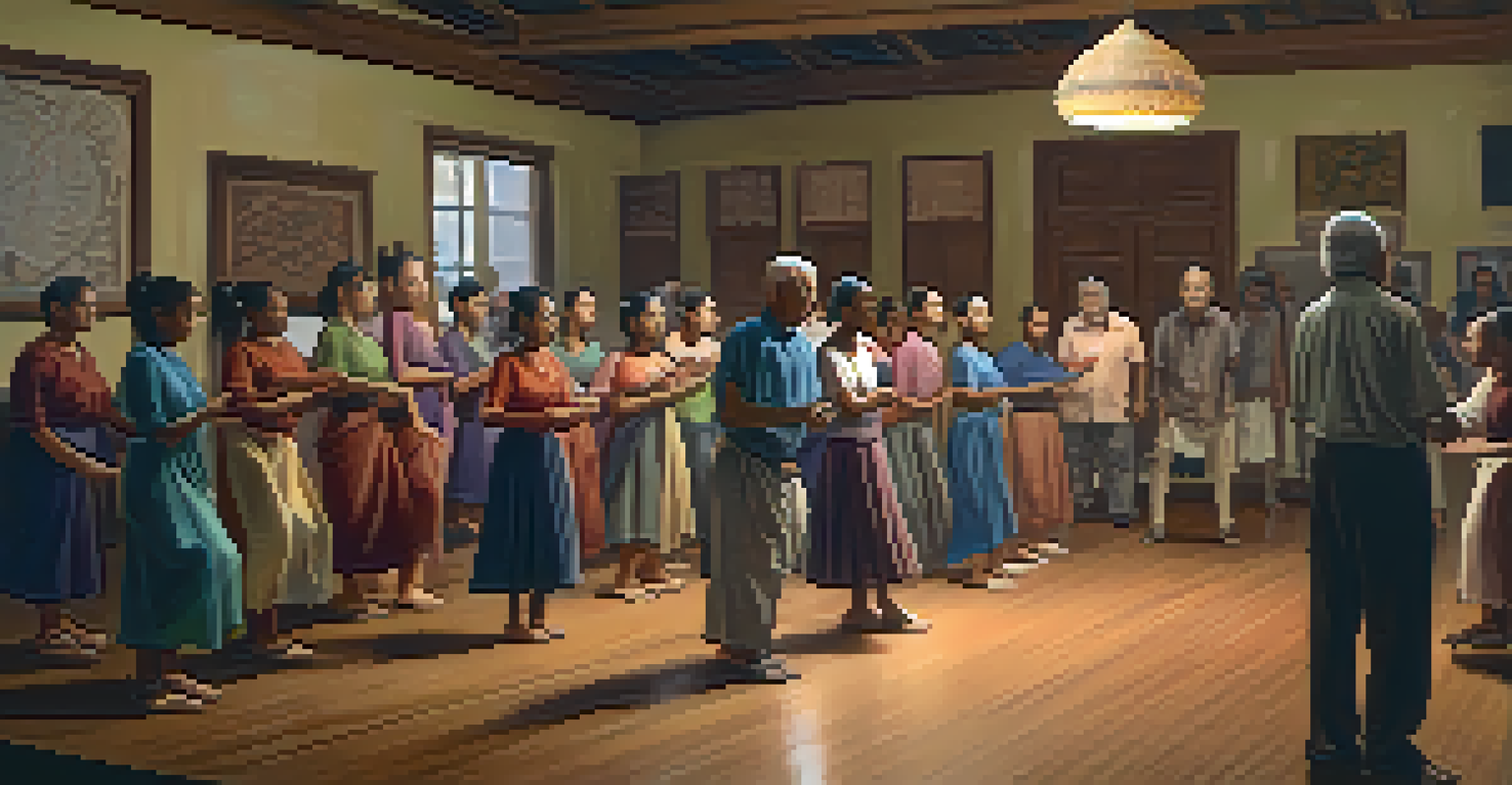 A dance workshop with students learning from an elder instructor, surrounded by cultural artifacts in a softly lit room.