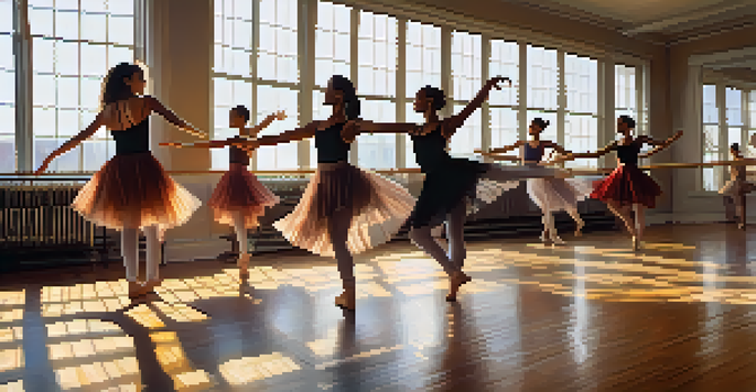 A vibrant dance studio filled with diverse dancers in joyful poses, illuminated by warm sunlight filtering through large windows.