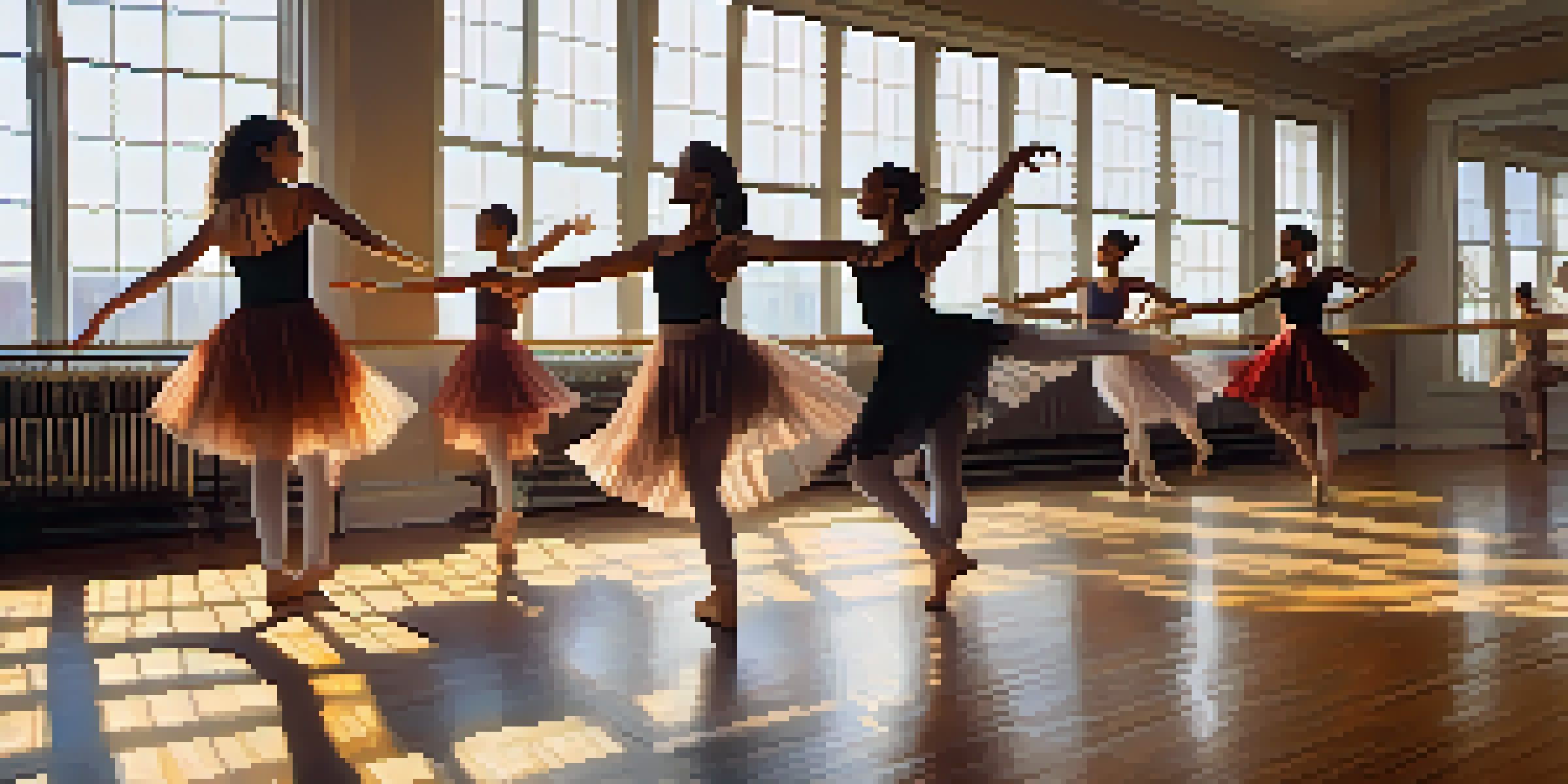 A vibrant dance studio filled with diverse dancers in joyful poses, illuminated by warm sunlight filtering through large windows.