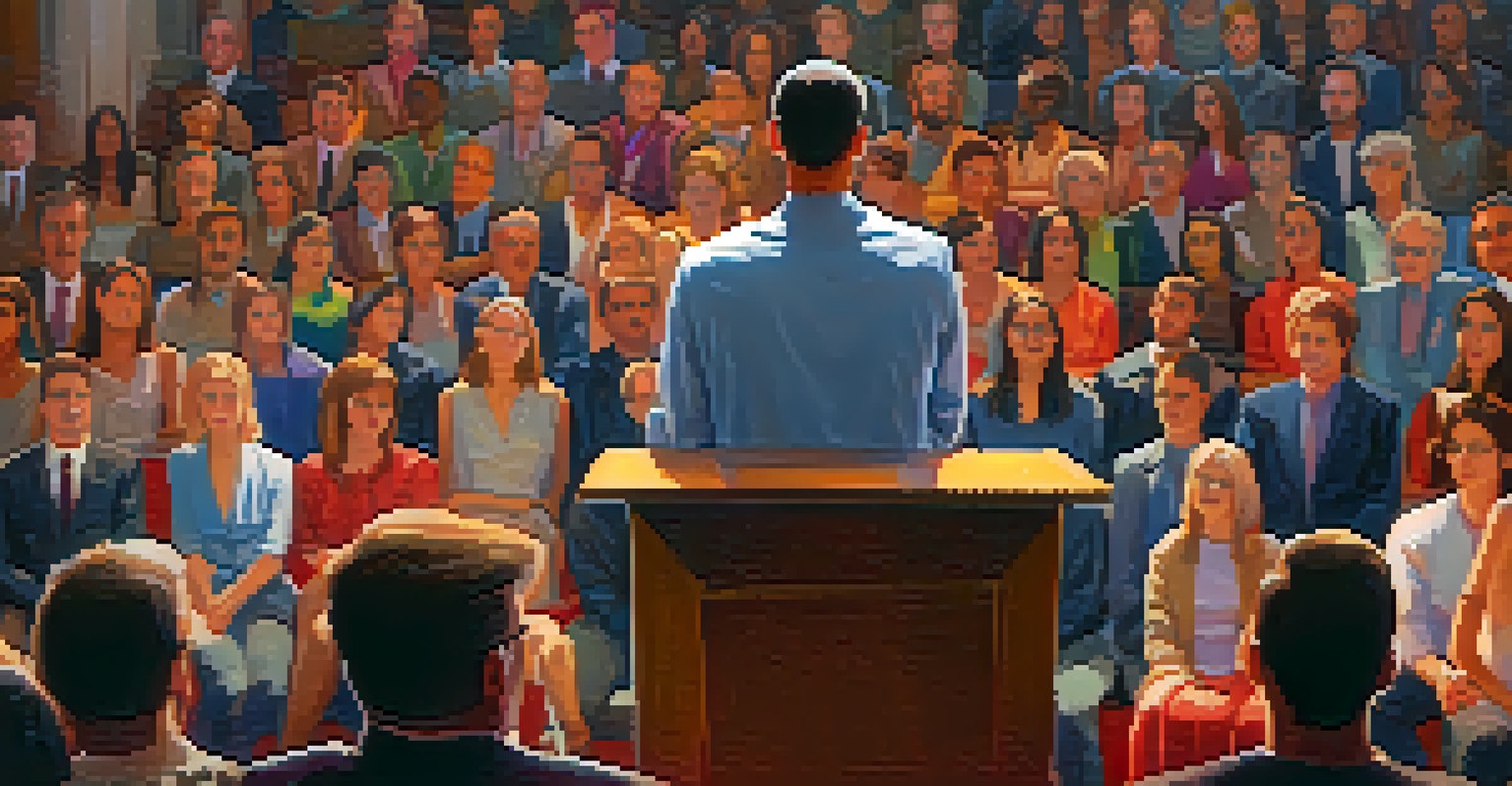 A public speaker at a podium, visualizing their audience engagement, with warm colors creating an inviting atmosphere.