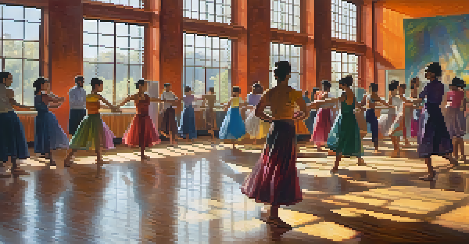 A dance workshop at a festival where dancers from different cultures are exchanging techniques, illuminated by natural light with colorful mats in the background.