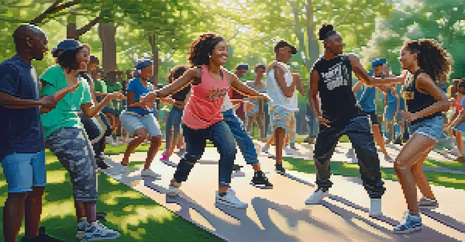 A community dance workshop in a park with young people learning hip-hop choreography together, surrounded by trees and greenery.