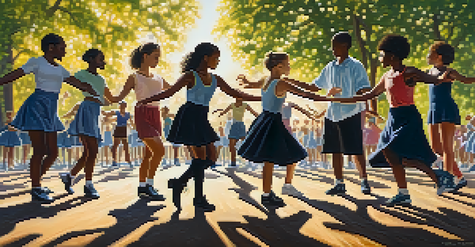 A diverse group of dancers practicing tap dance in a park, with sunlight filtering through trees, creating a community atmosphere.