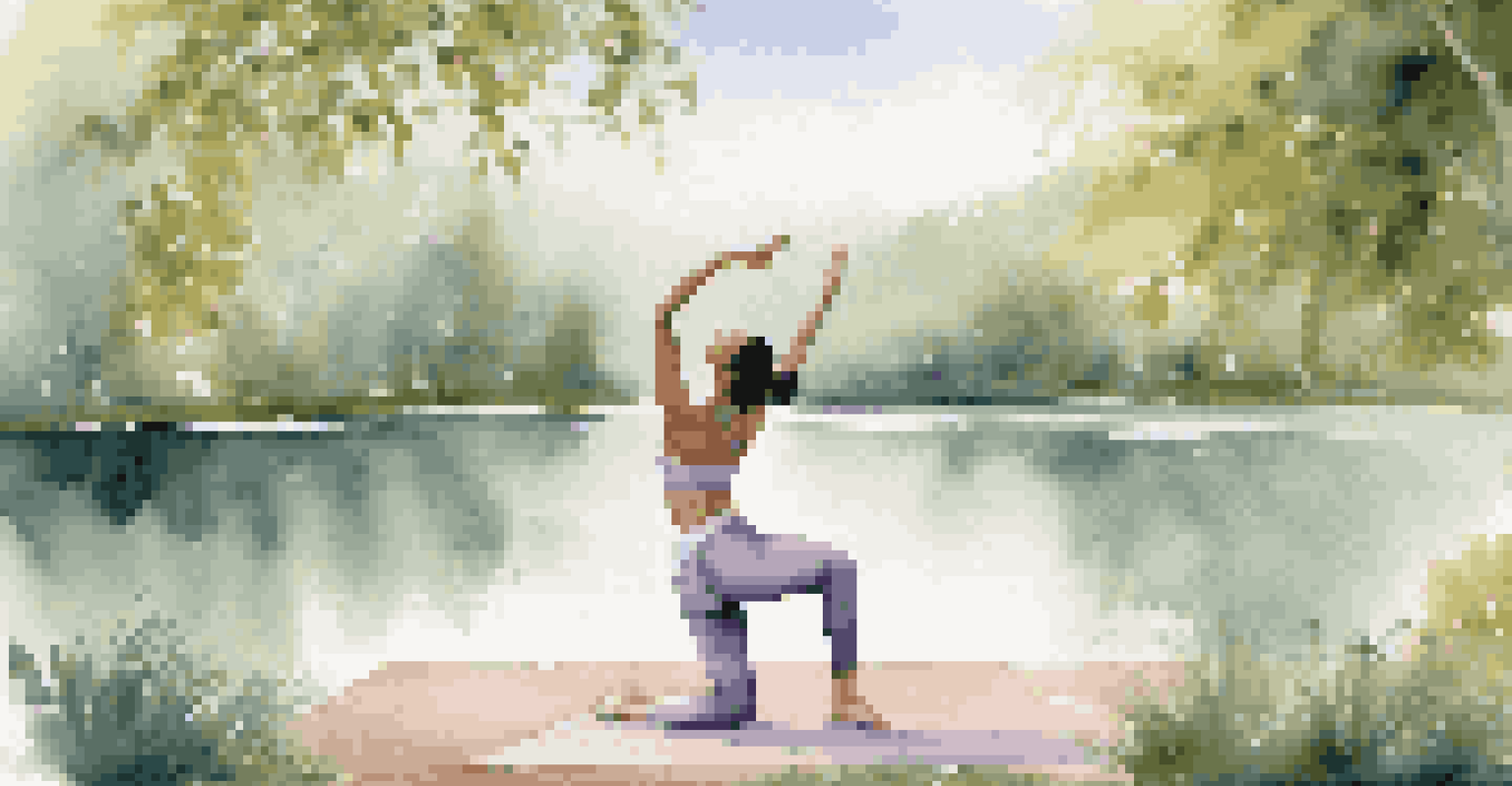 A dancer performing a stretch in a serene outdoor yoga session by a lake.