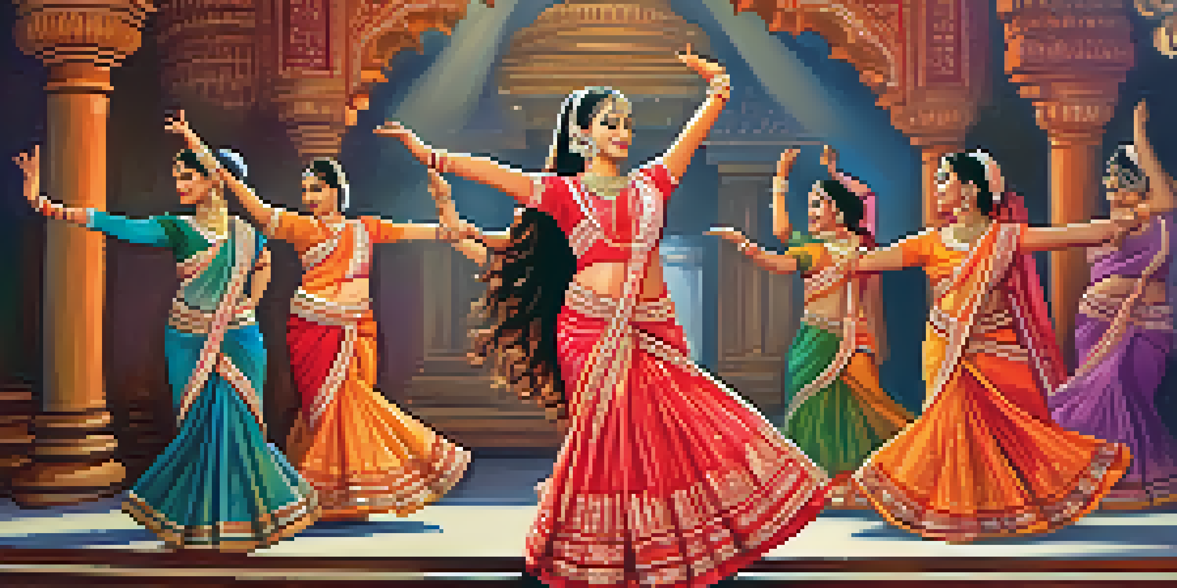 An Indian classical dancer in a colorful sari performing on stage, with a warm and inviting background.