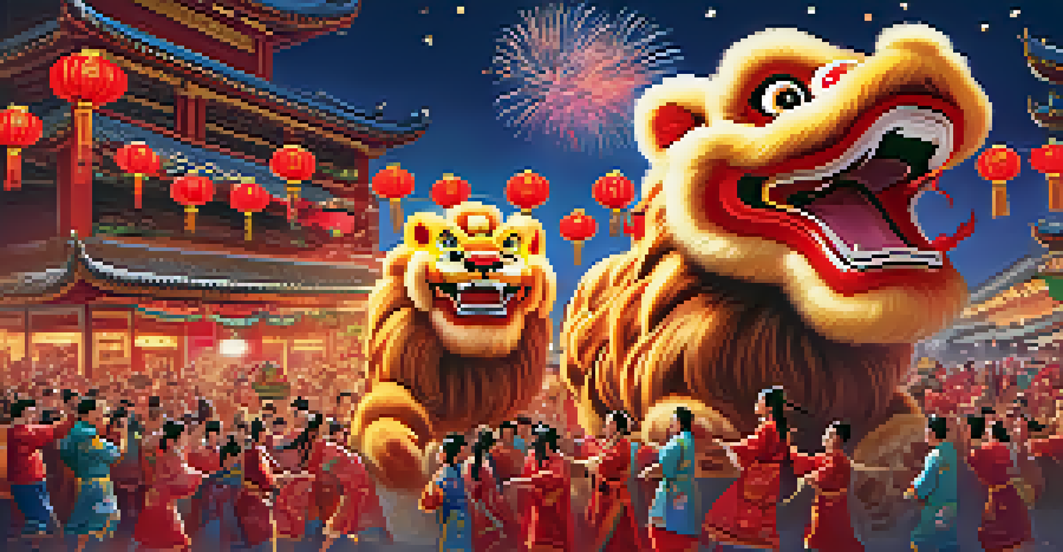 Dancers performing a lion dance during a Chinese New Year celebration with bright colors and fireworks.