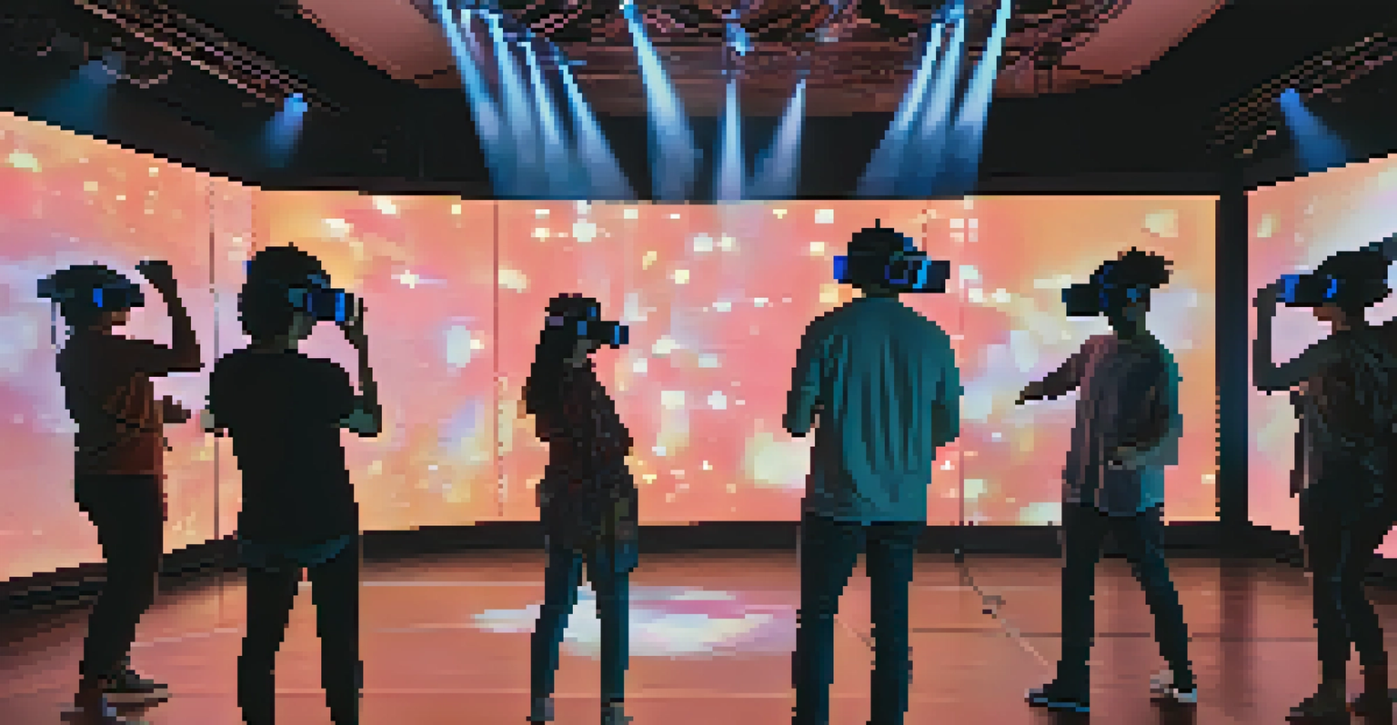 Audience members in a dark theater wearing VR headsets, fully engaged in an immersive virtual dance experience with glowing visuals.