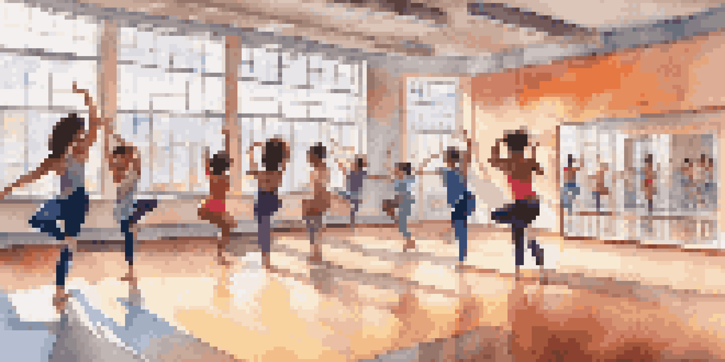 A lively dance studio with diverse students practicing dance, illuminated by natural light and mirrors.