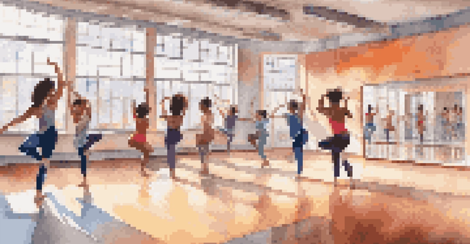 A lively dance studio with diverse students practicing dance, illuminated by natural light and mirrors.