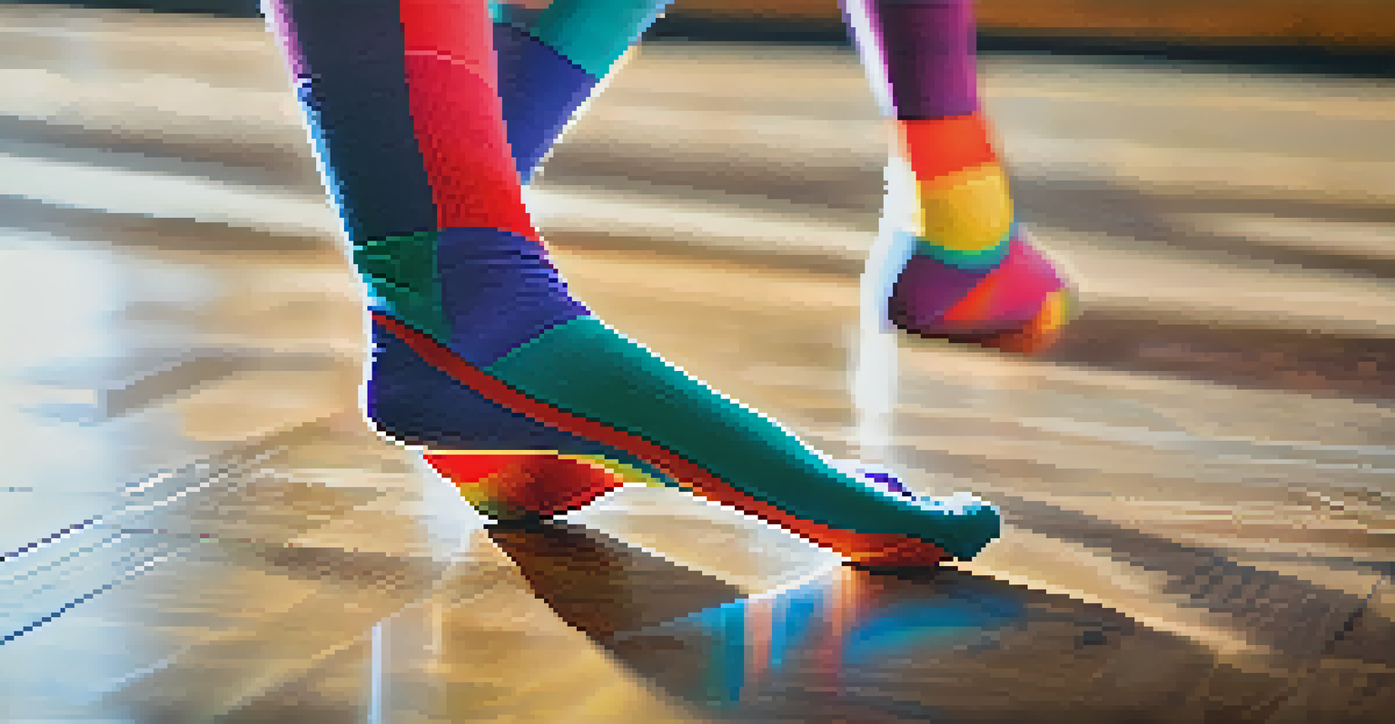 Close-up of a dancer's feet in colorful socks moving over a polished wooden floor, capturing the essence of dance therapy.