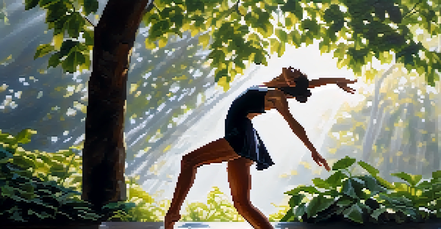 A contemporary dancer stretching outdoors in a tendu position amidst greenery.