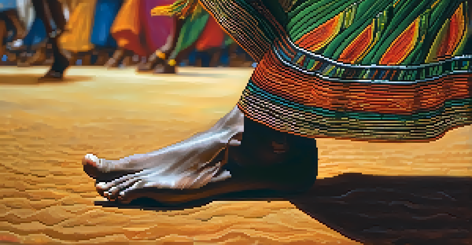 Close-up of a dancer's feet performing traditional African dance with colorful anklets on a textured ground.